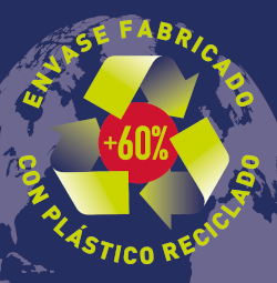 Compromiso medioambiental. Envase fabricado con plástico reciclado, más del 60%