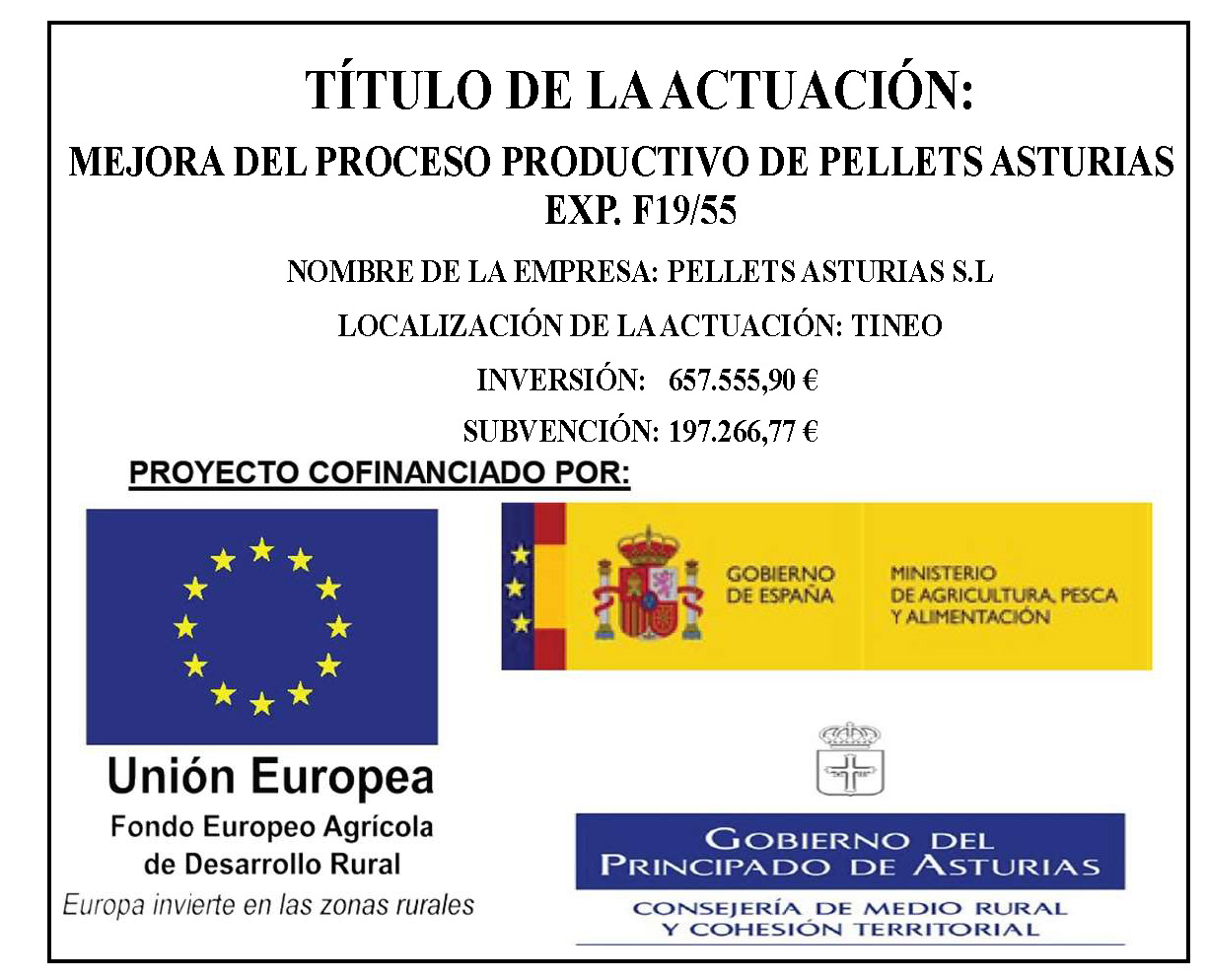 Título de la actuación: Mejora del proceso productivo de Pellets Asturias - Exp. F19/55. Nombre de la empresa: Pellets Asturias S.L. Localización de la actuación: Tineo. Inversión: 657.555,99 €. Subvención: 197.266,77 €. Proyecto cofinanciado por la Unión Europea, a través del Fondo Europeo Agrícola de Desarrollo Rural; El Gobierno de España, a través del Ministerio de Agricultura, pesca y alimentación; y el gobierno del Principado de Asturias, a través de la Consejería de Medio Rural y Cohesión Territorial.